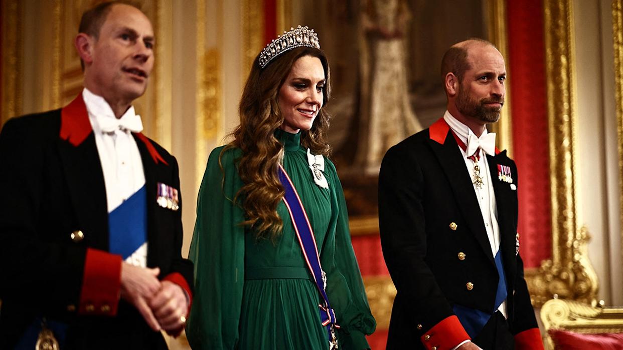Prince Edward, Kate Middleton and Prince William walking together for the state banquet.