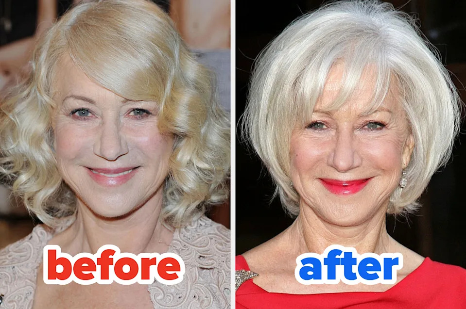 Two side-by-side photos of the same woman: left has curly hair, right has short, straight hair. The text reads "before" and "after."