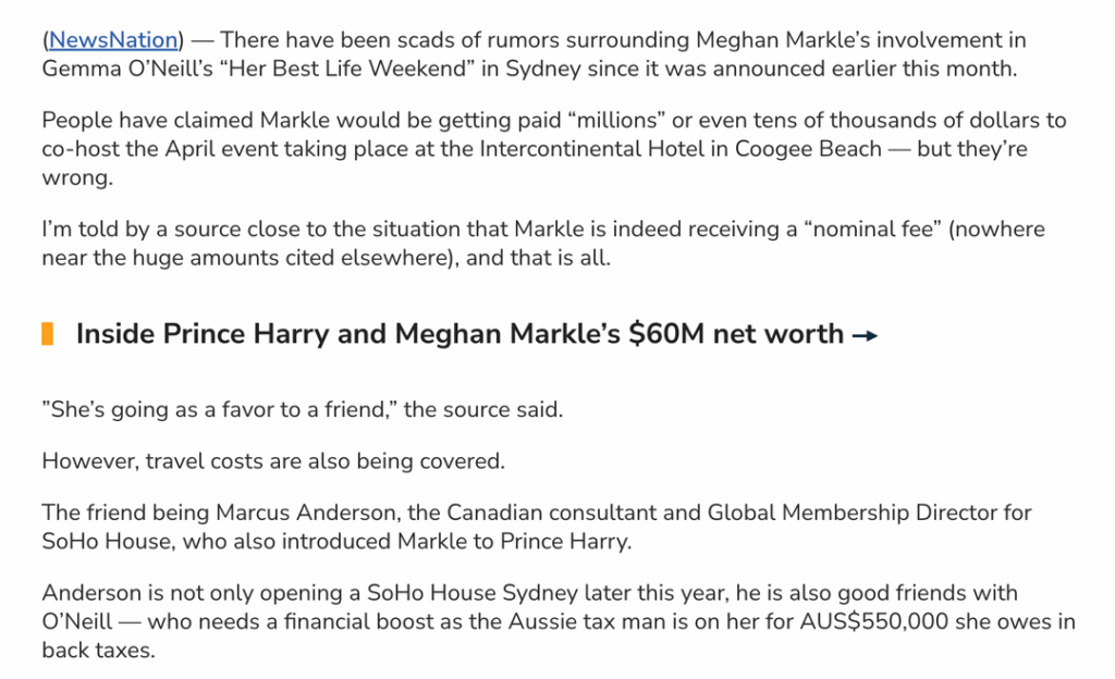 Meghan is only being paid a ‘nominal’ fee for ‘Her Best Life’ weekend in Australia. She is going as a favor to friend Marcus Anderson who is opening SoHo House Sydney this year