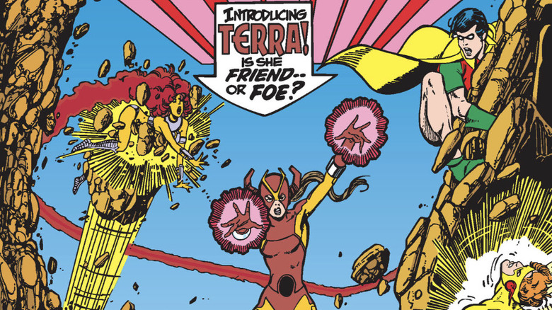 New Teen Titans #28 cover Terra fighting Starfire, Robin, and Kid Flash