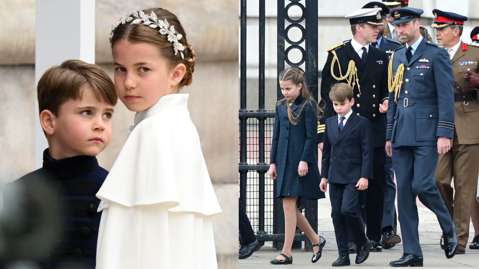 Princess Charlotte in a white cape standing with Prince Louis; Prince Louis and Princess Charlotte walking in front of Prince William, who is wearing a military uniform