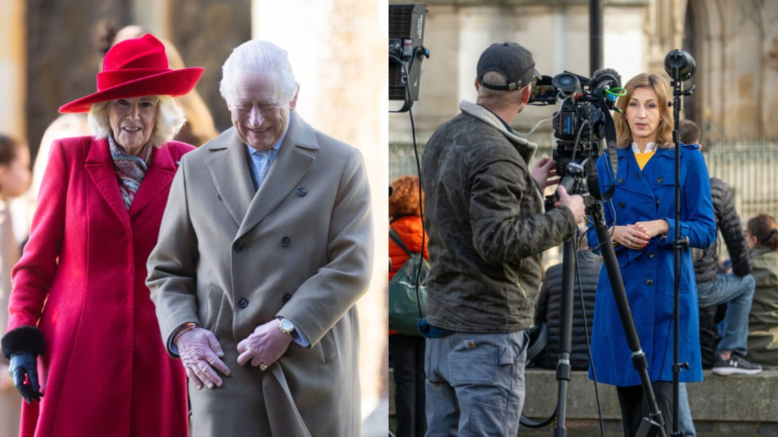 King Charles and Queen Camilla smiling and wearing winter coats; Rhiannon Mills in a blue coat standing in front of a cameraman
