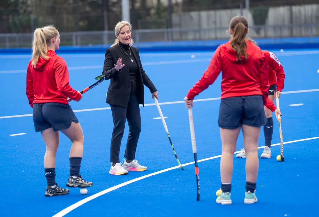 Sophie, Duchess of Edinburgh takes part in a training session during her visit to England Hockey at Bisham Abbey National Sports Centre on January 12, 2026