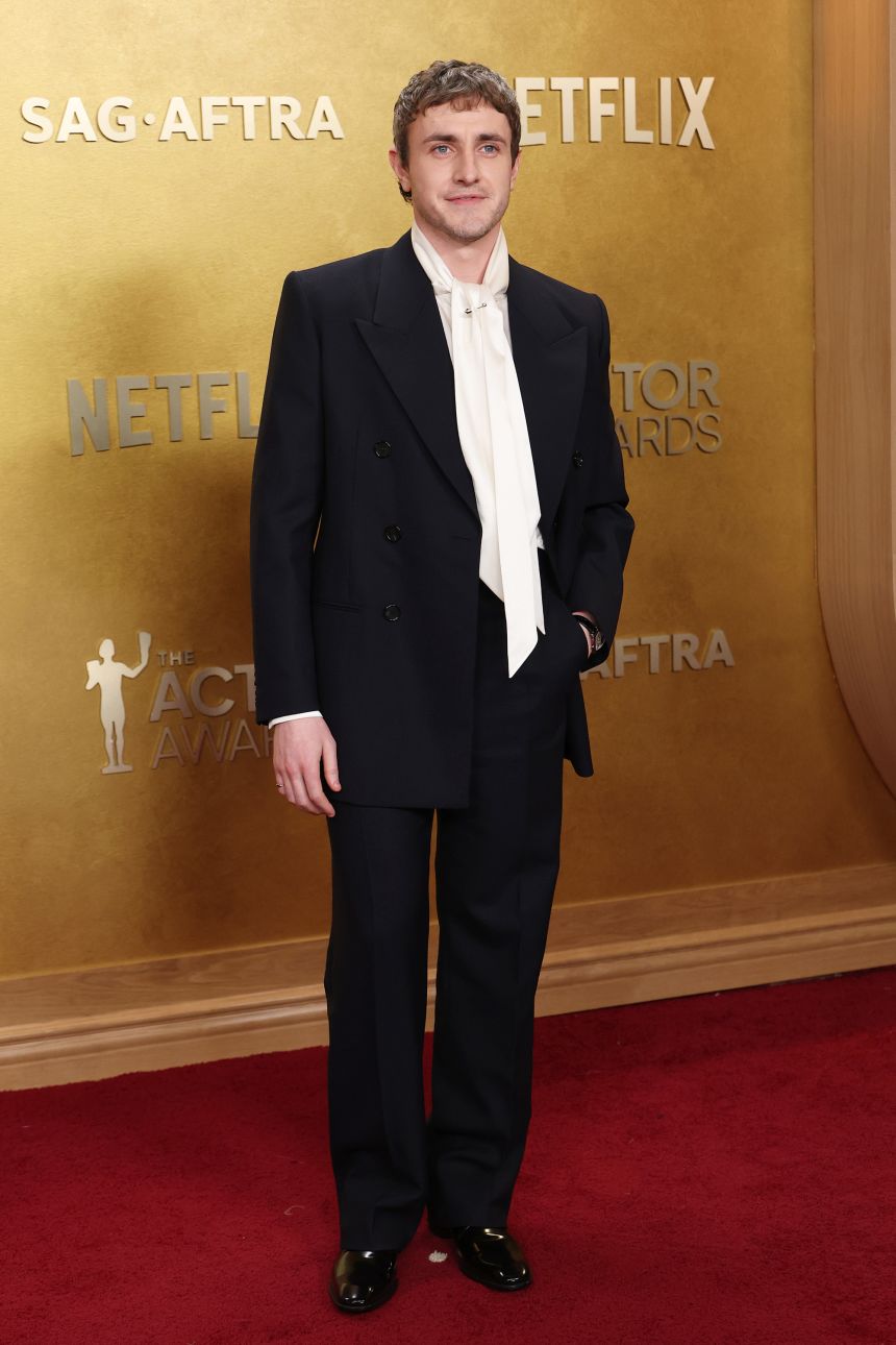 Paul Mescal wore a silk lavalière shirt under his Saint Laurent suit.