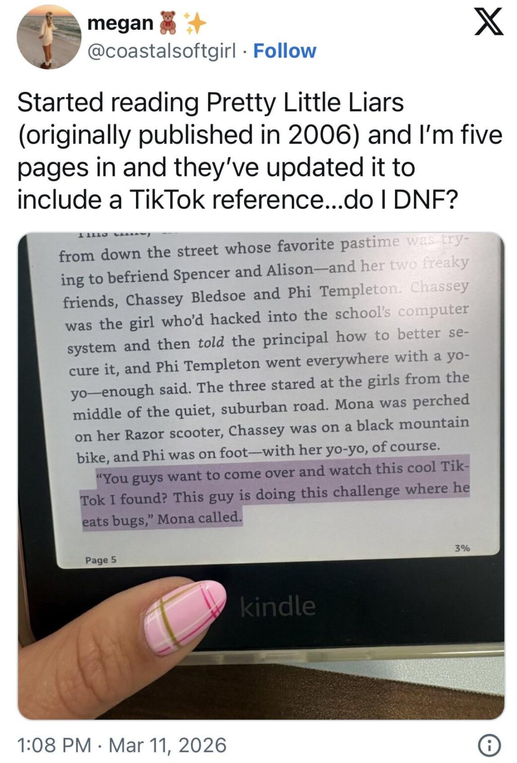 “Pretty Little Liars” reader noticed updated pop culture reference in the Ebook. The book, that came out in 2006, now mentions TikTok instead of Fear Factor.