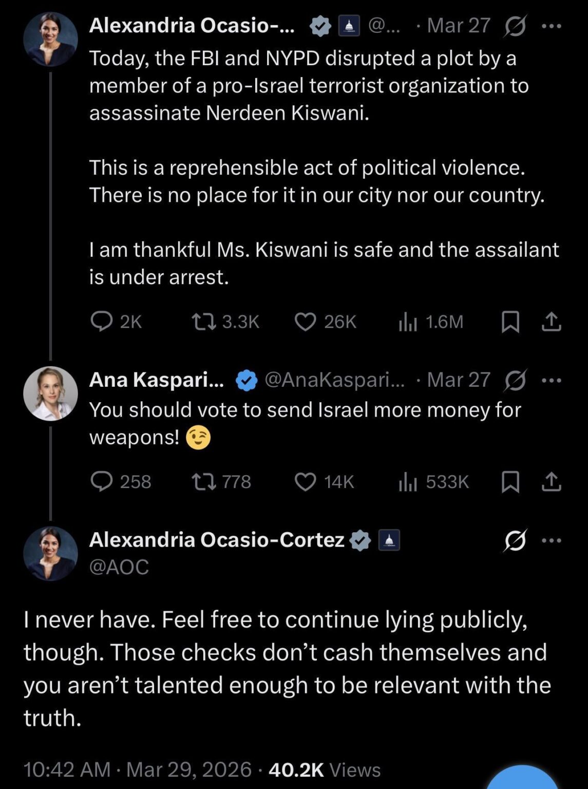 AOC responds to political commentor Ana Kasparian implying she voted to fund Israel: I never have. Feel free to continue lying publicly, though. Those checks don’t cash themselves and you aren’t talented enough to be relevant with the truth.