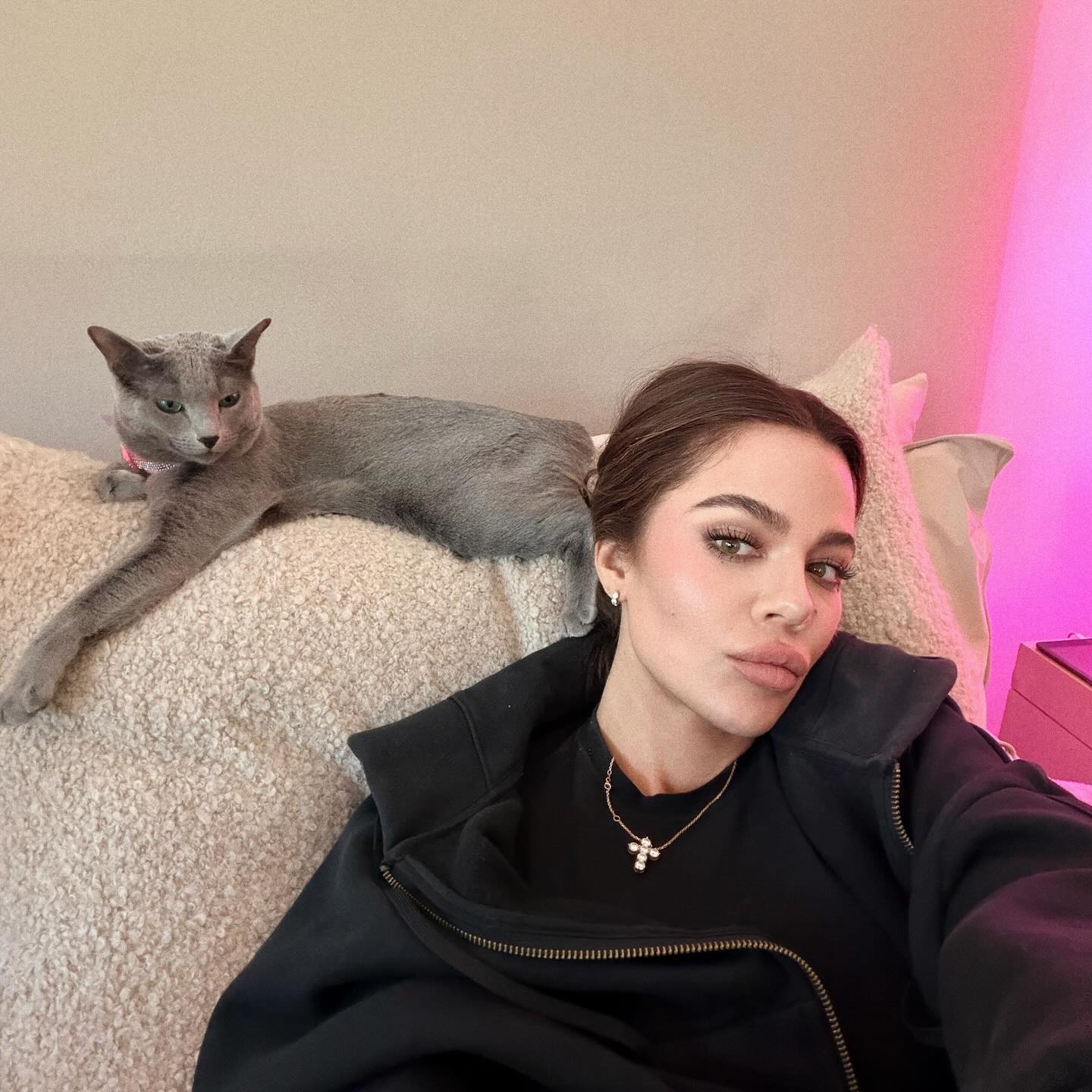 Khloé Kardashian and one of her gray kittens are a couple of cool cats  at home.