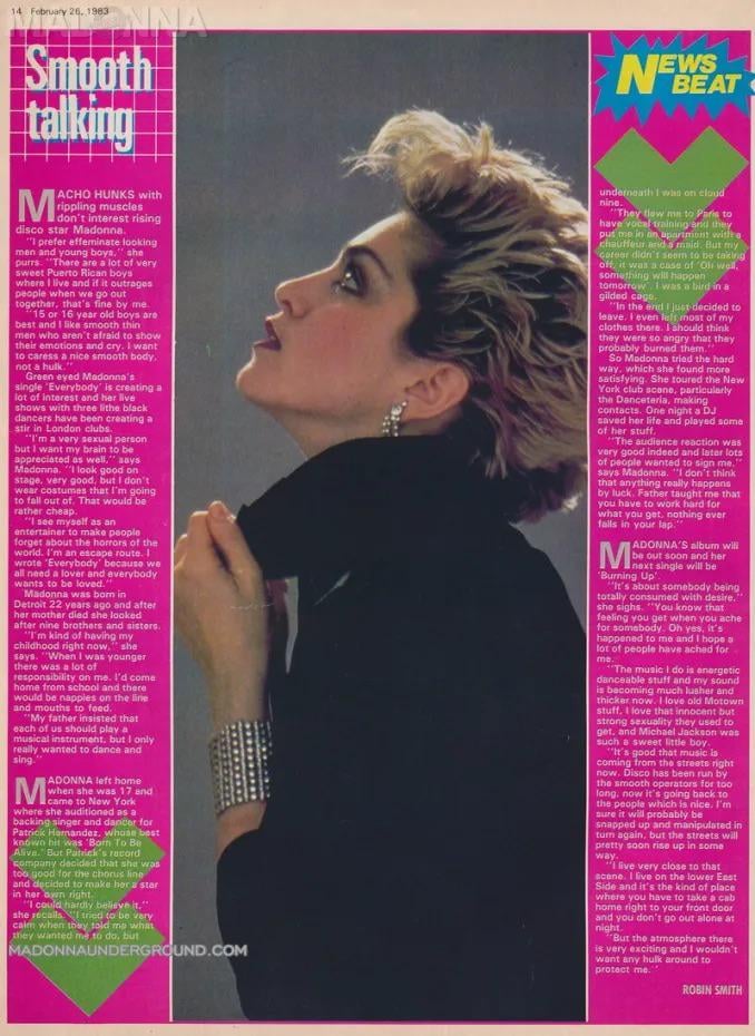 In a 1983 interview for Record Mirror, a 24 year old Madonna discusses her love for “young boys… very sweet Puerto Rican boys… 15 or 16 year old boys are best and I like smooth thin men”