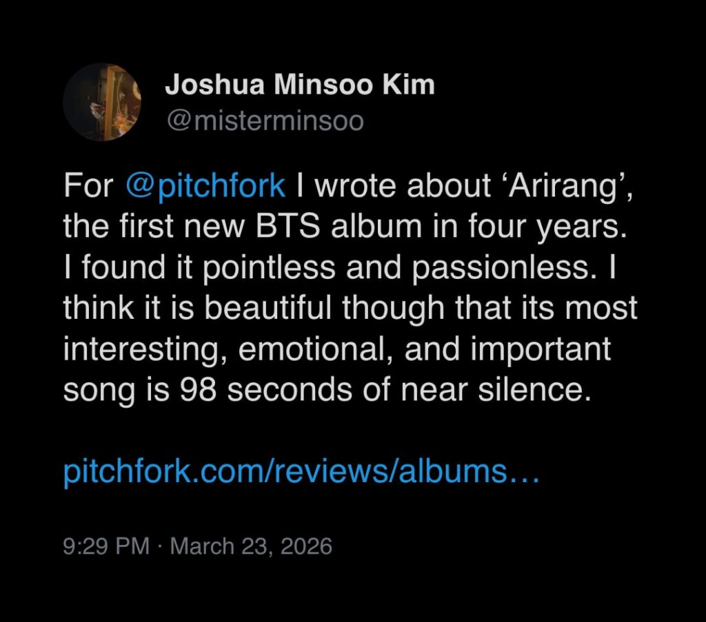 The ongoing saga of Joshua Minsoo Kim, who reviewed BTS' new album for Pitchfork, vs BTS' fandom