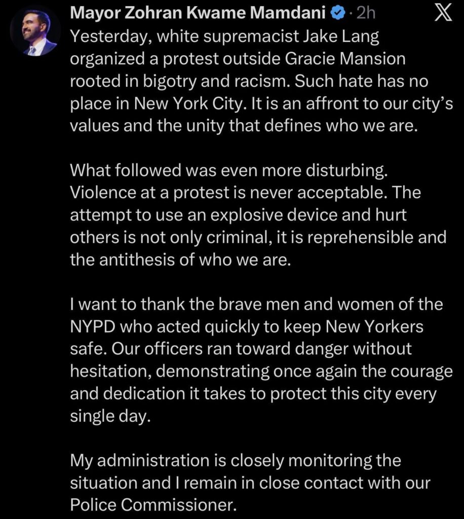 Mayor Zohran Mamdani comments on the Islamophobia protest that took place outside his home yesterday at which someone threw an explosive device