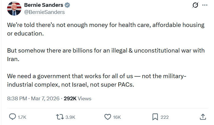 Bernie Sanders: We’re told there’s not enough money for health care, affordable housing or education. But somehow there are billions for an illegal & unconstitutional war with Iran.