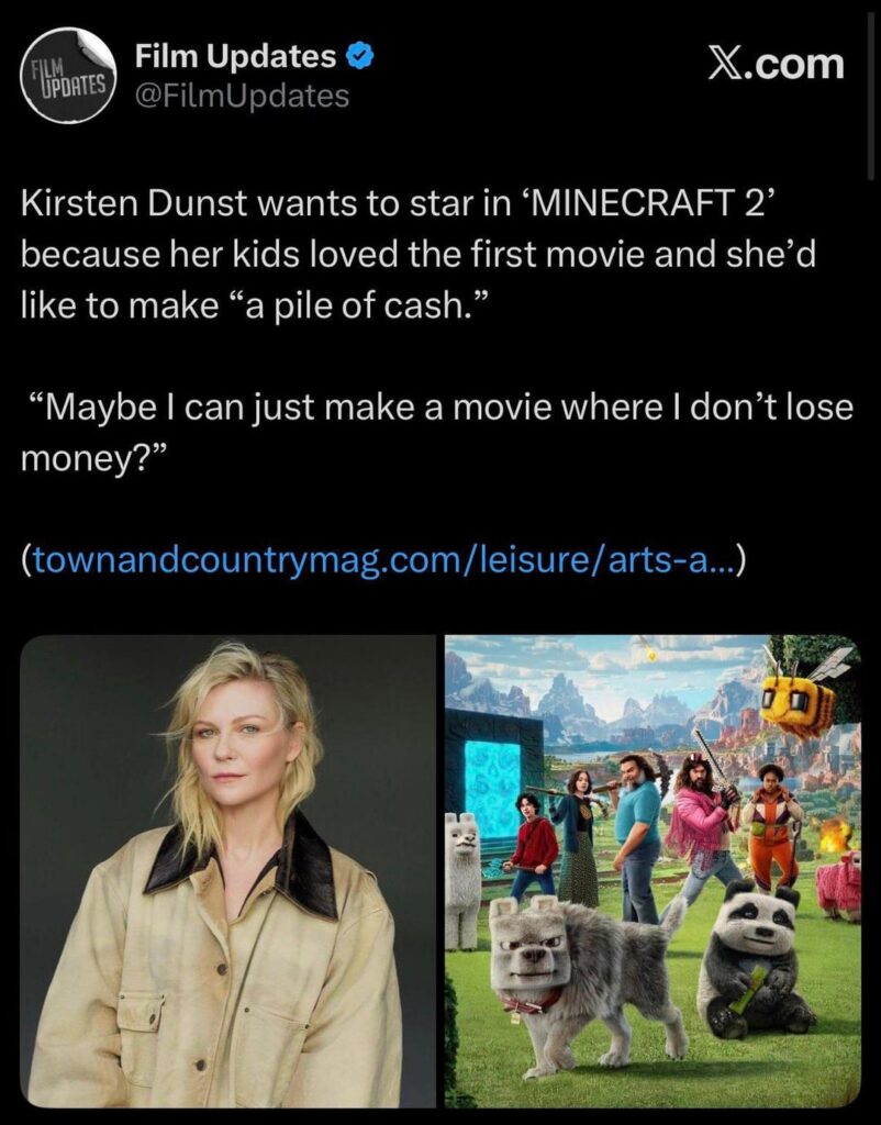 Kirsten Dunst has officially achieved her dream of starring in ‘Minecraft 2’ because her kids loved the first movie and she'd like to make ‘a pile of cash’