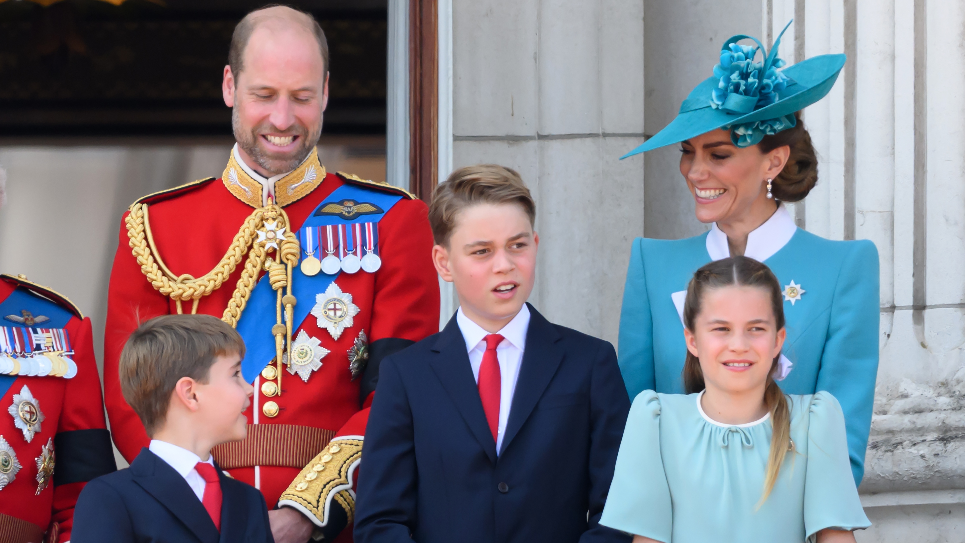 Prince Louis of Wales, Prince William, Prince of Wales, Prince George of Wales, Catherine, Princess of Wales and Princess Charlotte of Wales on the balcony of Buckingham Palace during Trooping The Colour 2025
