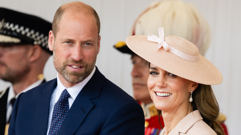 Prince William, Prince of Wales and Catherine, Princess of Wales on the Royal Dais at Datchet Road on July 08, 2025 in Windsor, England.