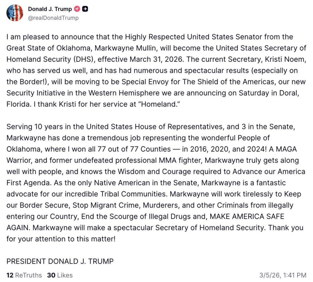 Trump has fired Kristi Noem as DHS Secretary. She will be replaced by Sen. Markwayne Mullin of Oklahoma.