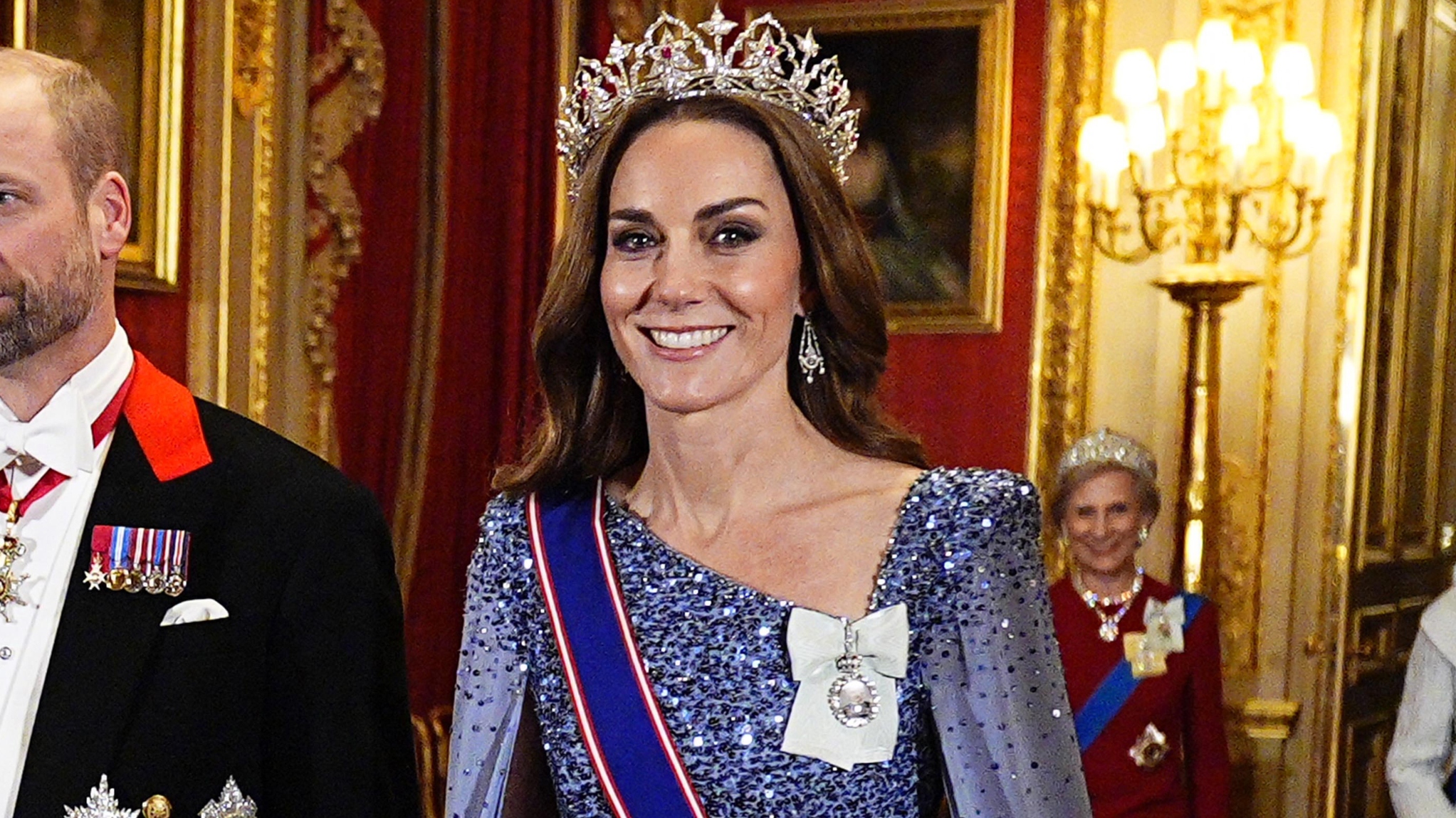 Catherine, Princess of Wales smiles as she arrives ahead the state banquet for the German President