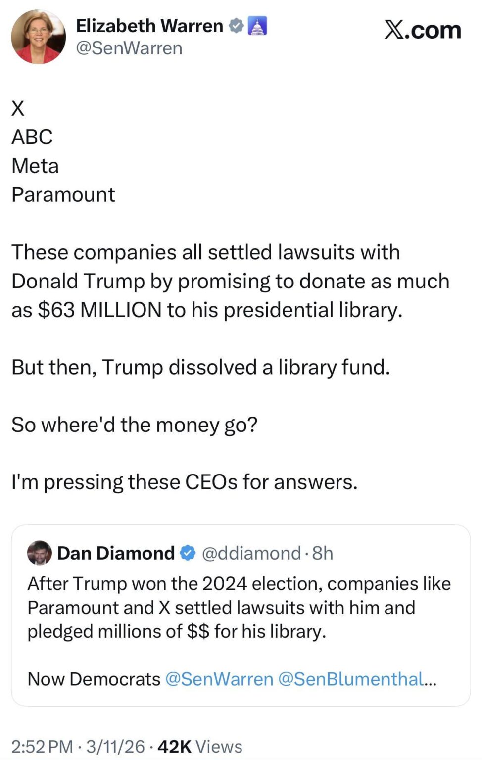 Elizabeth Warren presses CEOs of Paramount, Meta, ABC and X over millions pledged to Trump’s now-dissolved presidential library fund.