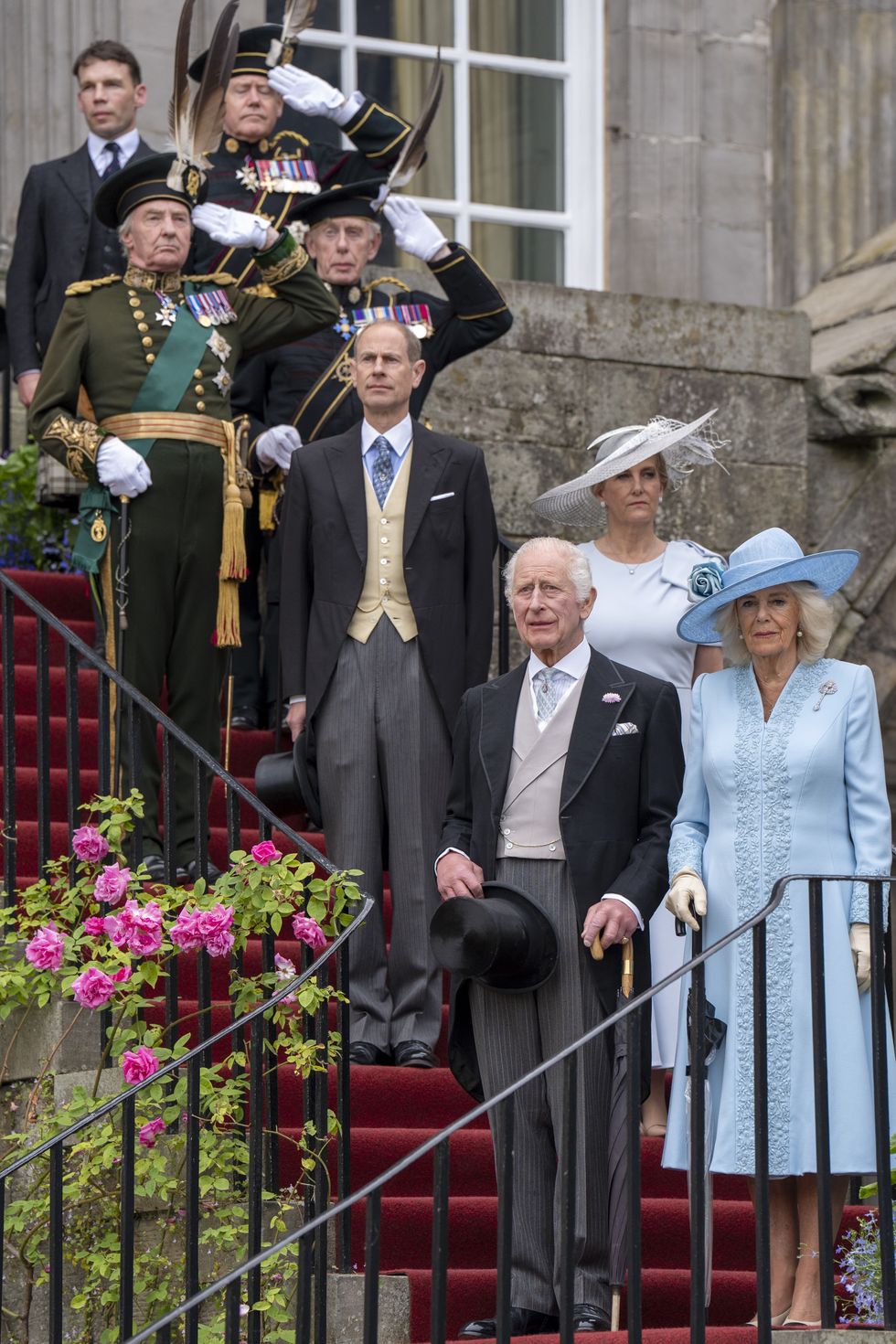 King Charles III and Queen Camilla with the Duke and Duchess of Edinburgh during the Sovereign's Garden Party held at the Palace of Holyroodhouse in Edinburgh