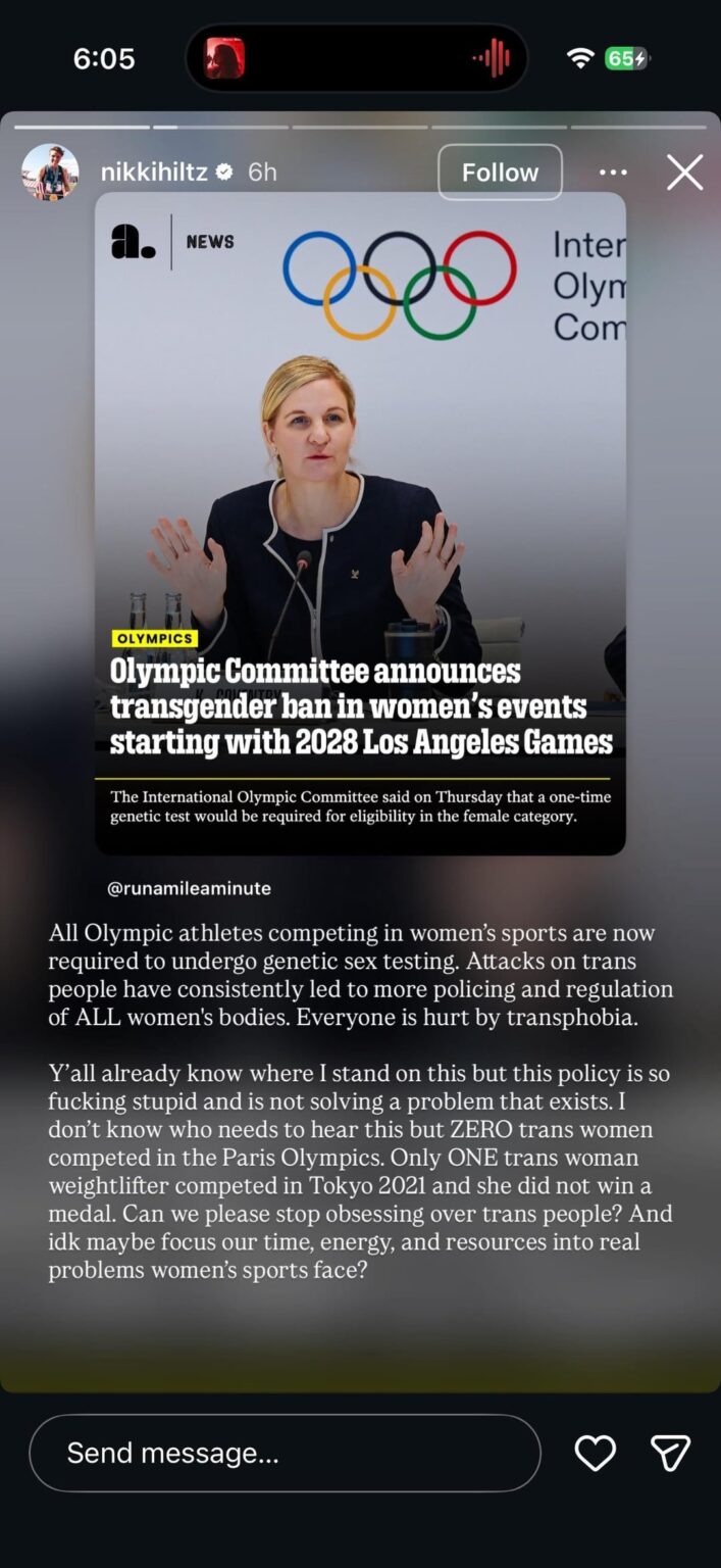 Olympian Nikki Hiltz: “I don't know who needs to hear this but ZERO trans women competed in the Paris Olympics. Only ONE trans woman competed in Tokyo and she did not medal. Can we please stop obsessing over trans people and focus time, energy and resources into real problems women's sports face?”
