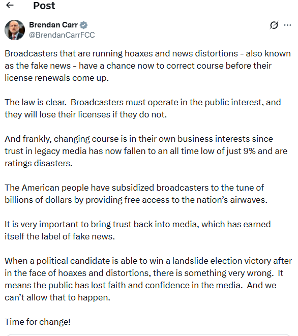 FCC Chair Brendan Carr threatens broadcasters will "lose their licenses" unless the "operate in the public interest". He fails to further clarify what "the public interest" is.