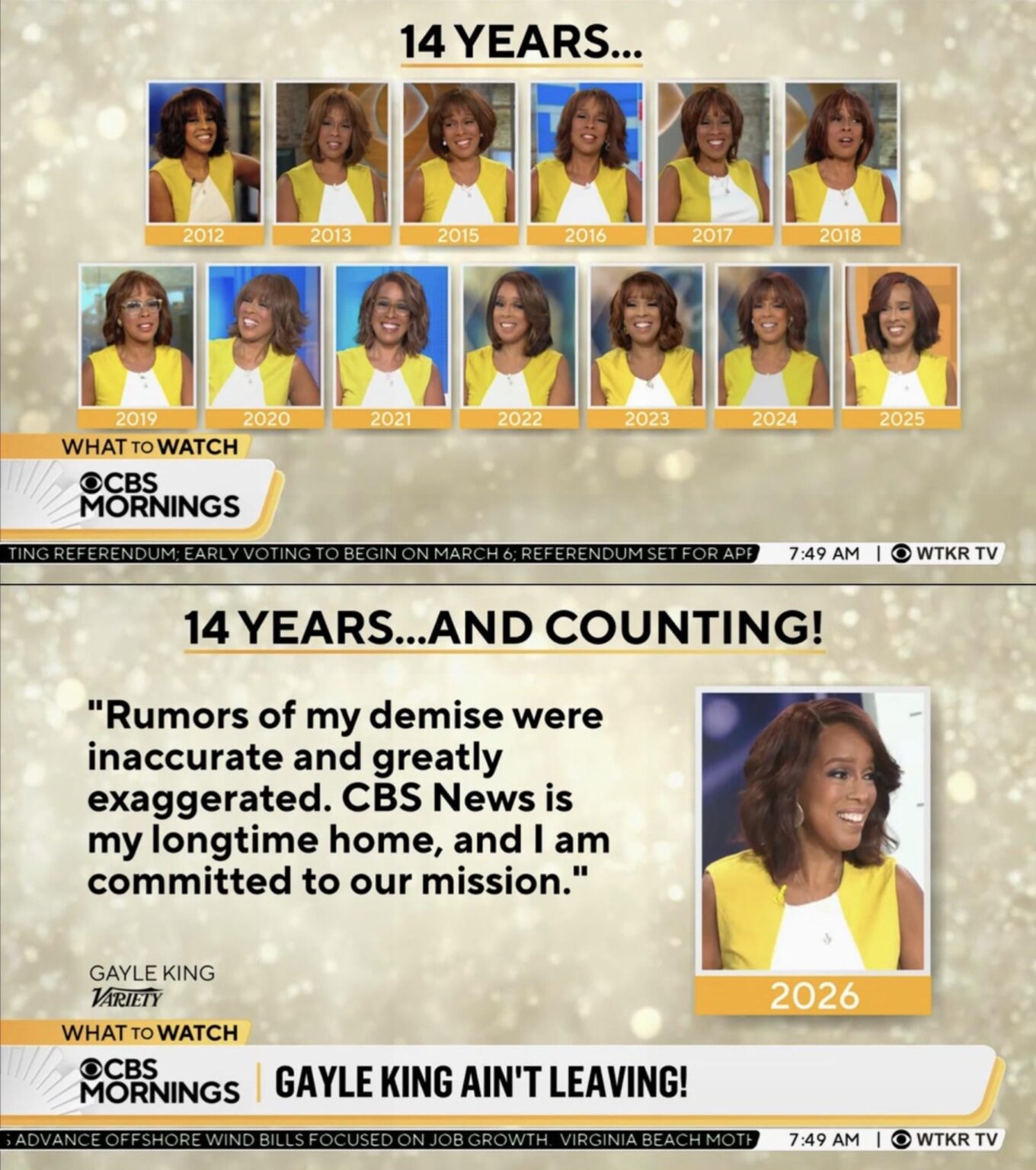 Gayle King wears the same Yellow Dress every year to celebrate her CBS Mornings Anniversary (14 years)