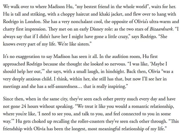 Madison Hu talks about her friendship with Olivia Rodrigo: "“This friendship with Olivia has been the longest, most meaningful relationship of my life.”