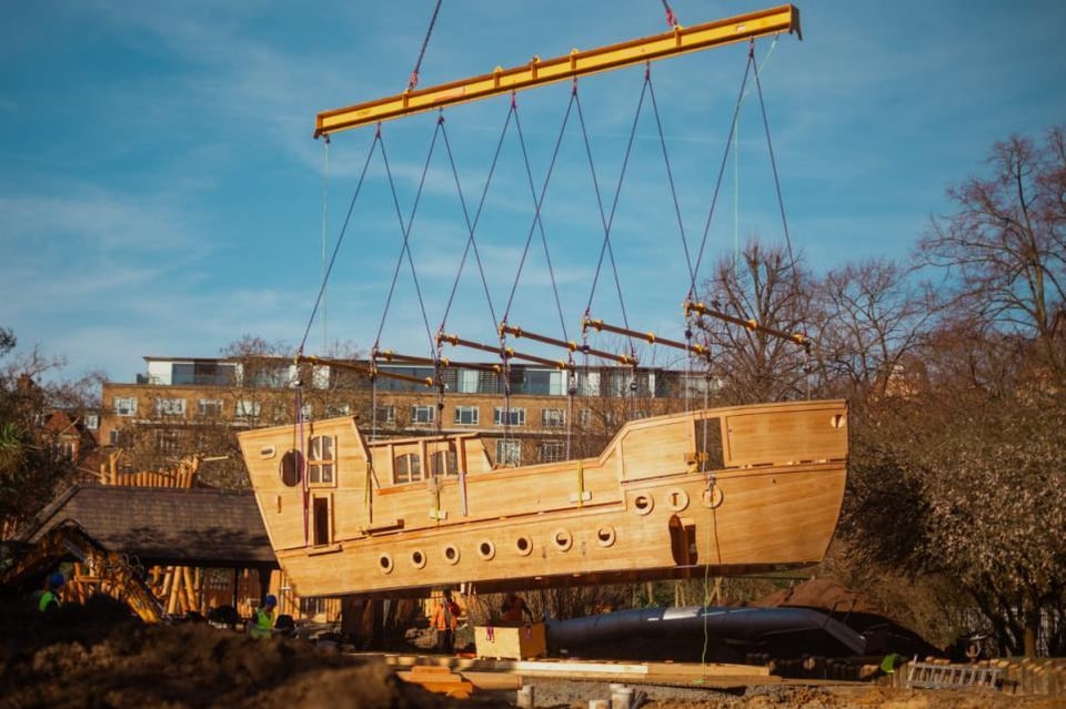 Giant wooden galleon arrives in Kensington Gardens as part of a £3 million revamp of the Diana Memorial Playground
