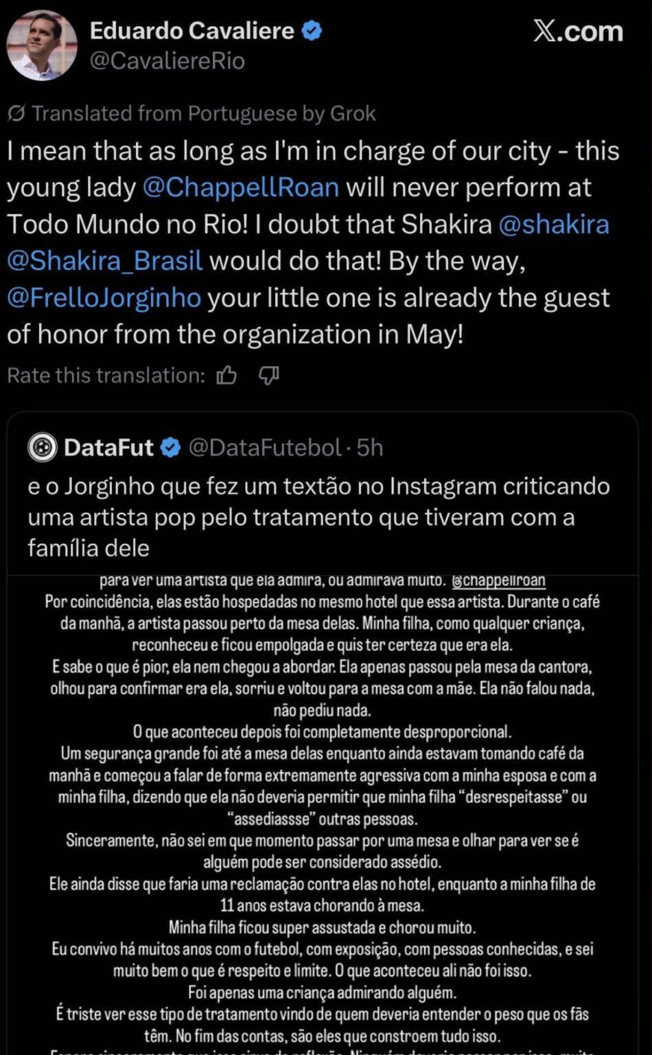 The Mayor of Rio De Janeiro says Chappell Roan has been banned from performing at Todo Mundo No Rio after an incident involving her security guard and the stepdaughter of Brazilian footballer Jorginho (the stepdaughter is the daughter of Jude Law)