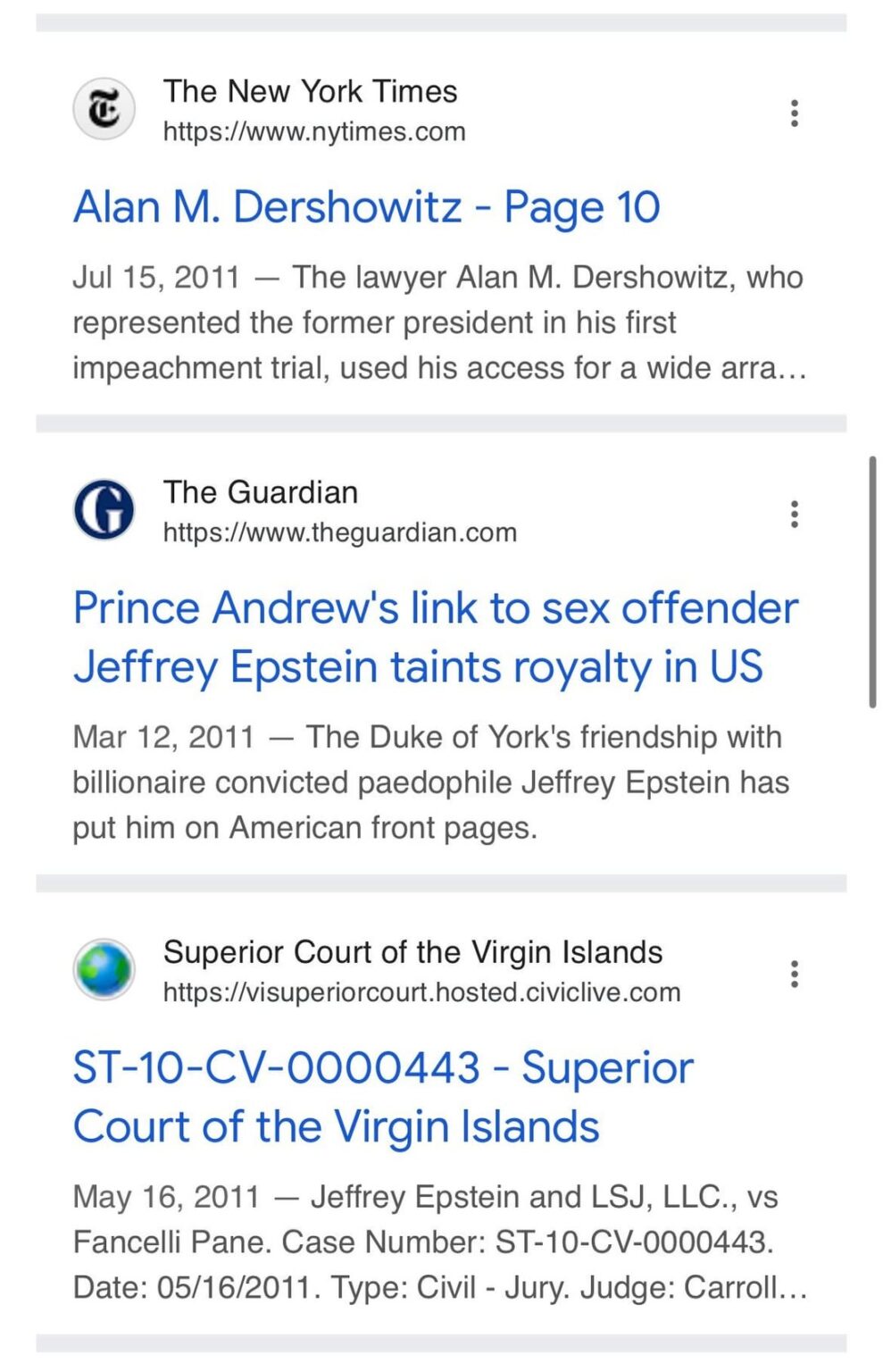 I tested Mette Marit’s claim that she didn’t learn of Epstein’s sex offenses when googling him, as described in an Oct 2011 email. These are the top search results for his name from Jan 1-Oct 30 2011