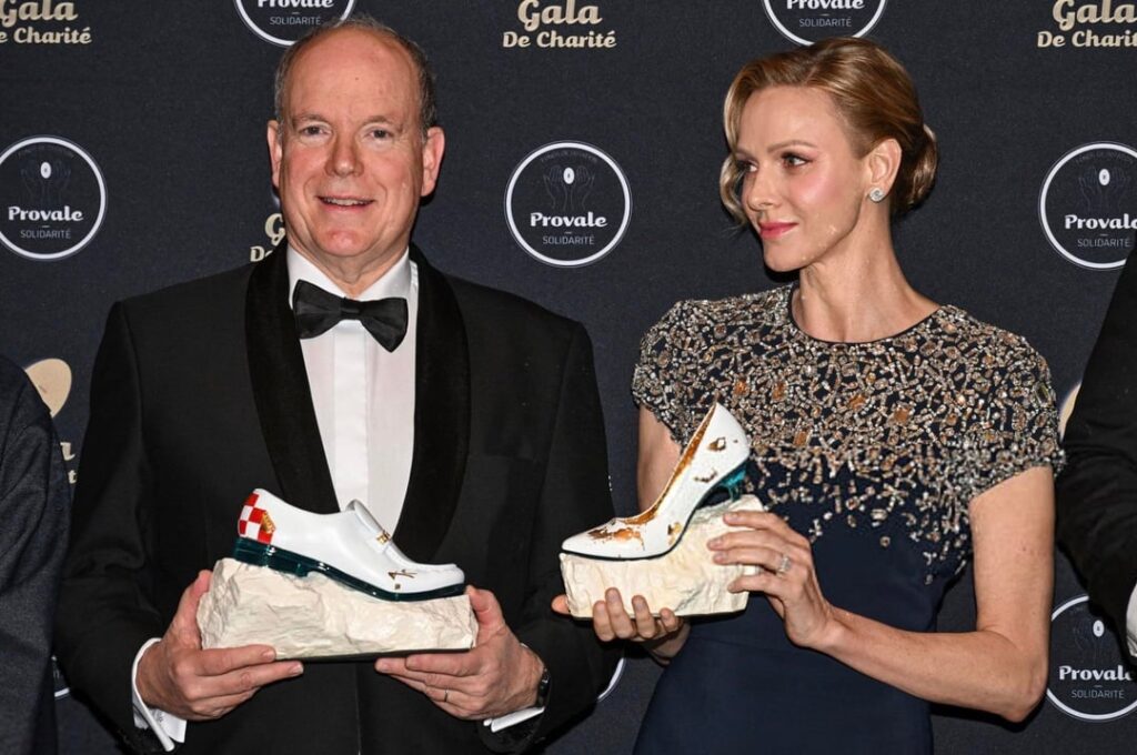 Albert and Charlene of Monaco beaming at gala for Provale Solidarity charity for rugby players in need