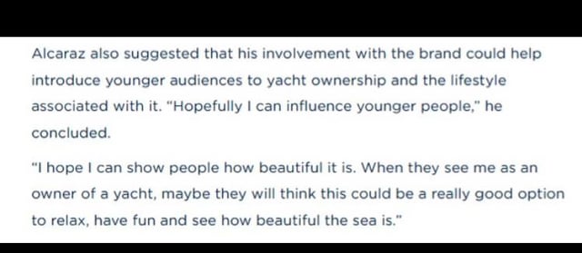 World No. 1 tennis player Carlos Alcaraz shares hope to influence younger people to also buy $9 Million-$10 Million yachts