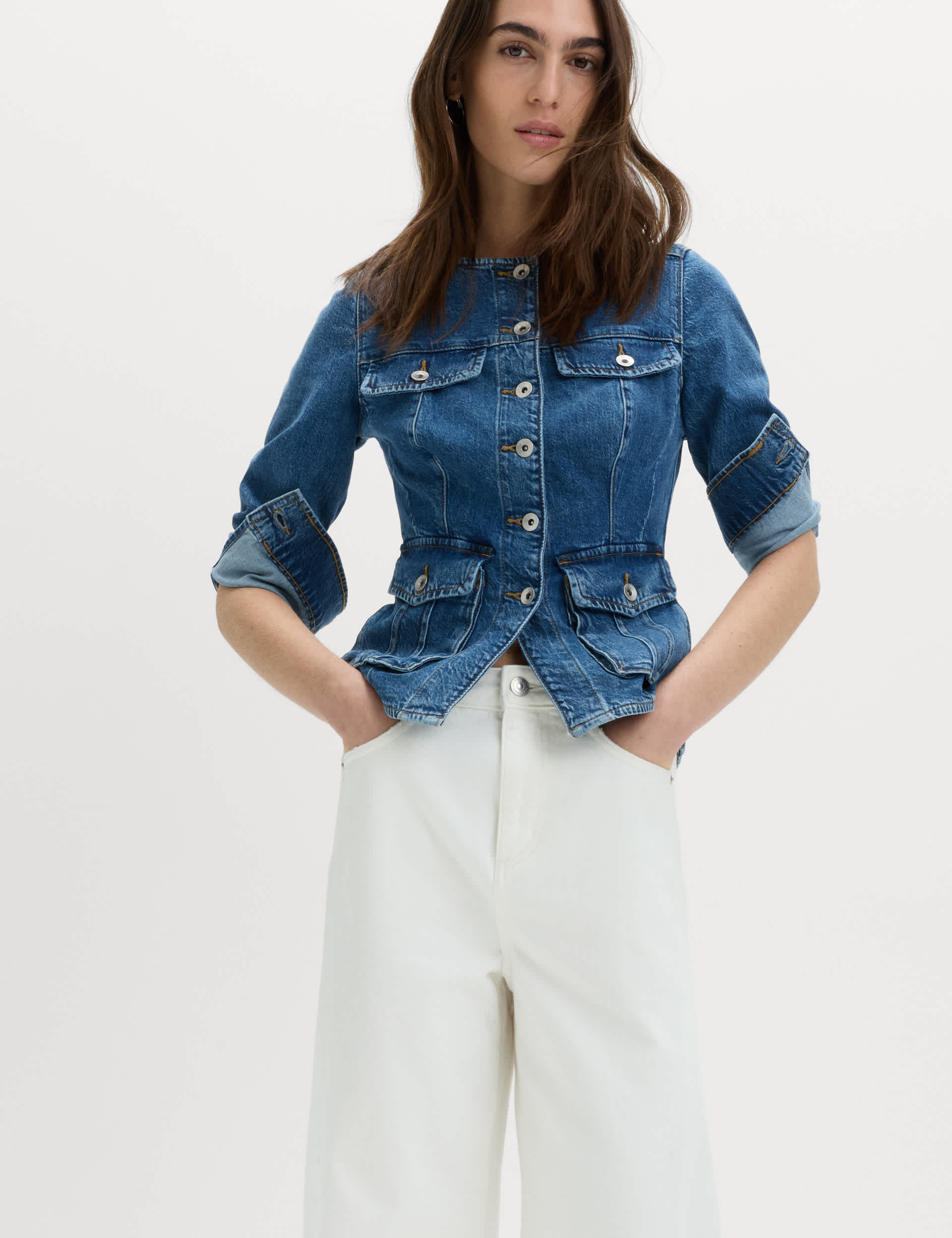 Denim Collarless Fitted Utility Jacket