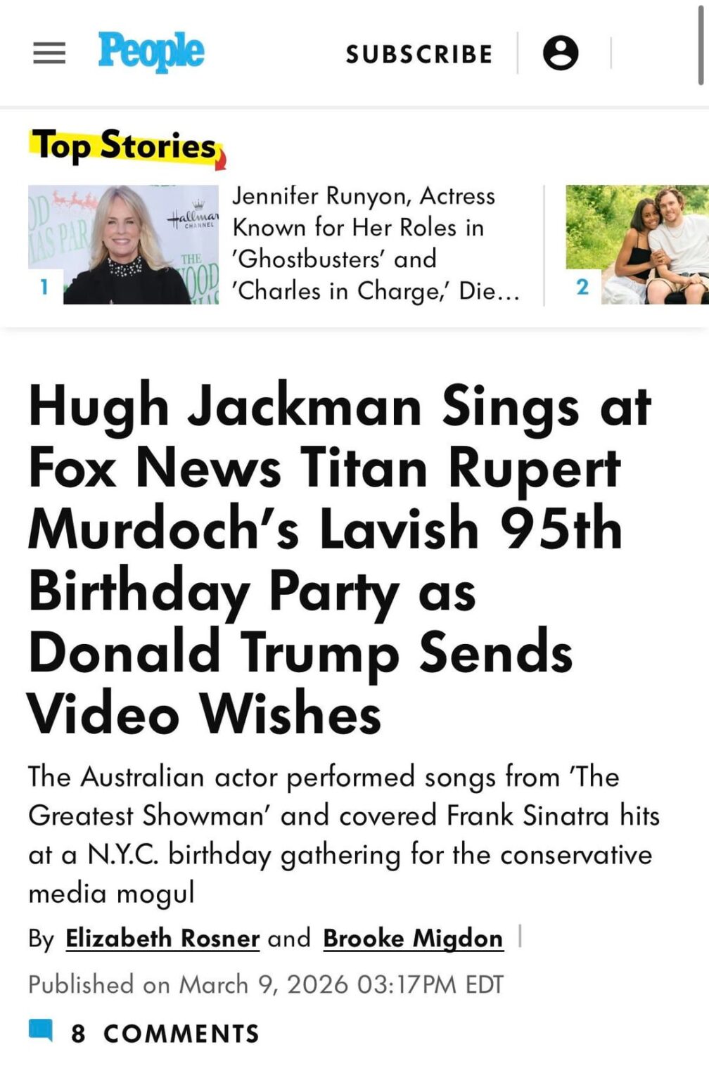Hugh Jackman Sings at Fox News Titan Rupert Murdoch's Lavish 95th Birthday Party as Donald Trump Sends Video Wishes