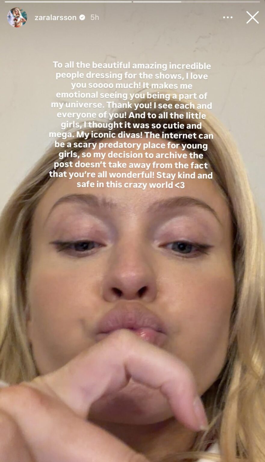 Zara Larsson archives post she shared of young fans at her concert: “The internet can be a scary predatory place for young girls, so my decision to archive the post doesn't take away from the fact that you're all wonderful!“