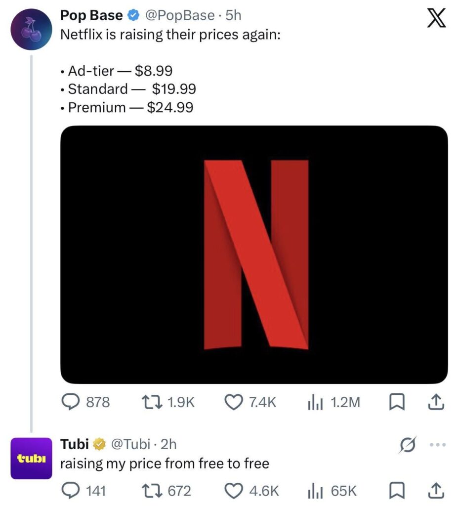Tubi reacts to Netflix raising their prices again: “raising my price from free to free”