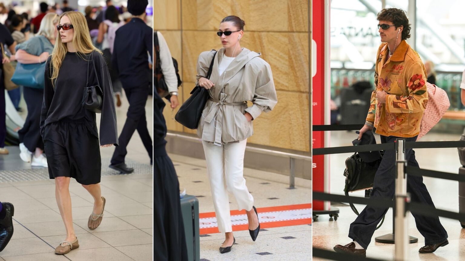 The 7 Chicest Celebrity Airport Outfits of 2026 An image of Jacob Elordi, Hailey Bieber and Margot Robbie, three of the best celebrity airport outfits of 2026.
