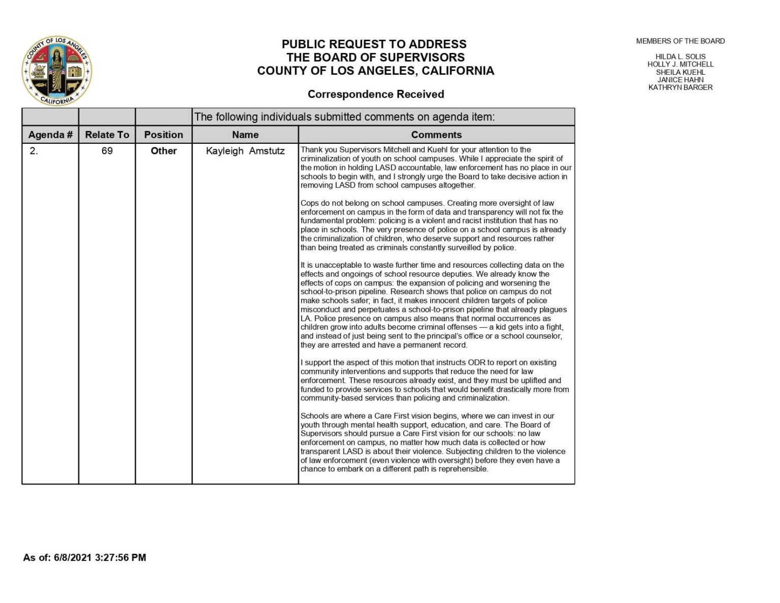 A primary source for Chappell Roan's politics. Her comments to The Board of Supervisors LA County on placing police officers in schools. Circa 2021