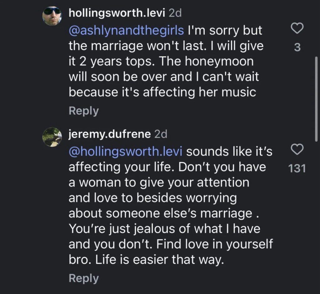 Jeremy Dufrene, Lana Del Rey's husband, responded to a hater who was rooting for the end of their marriage