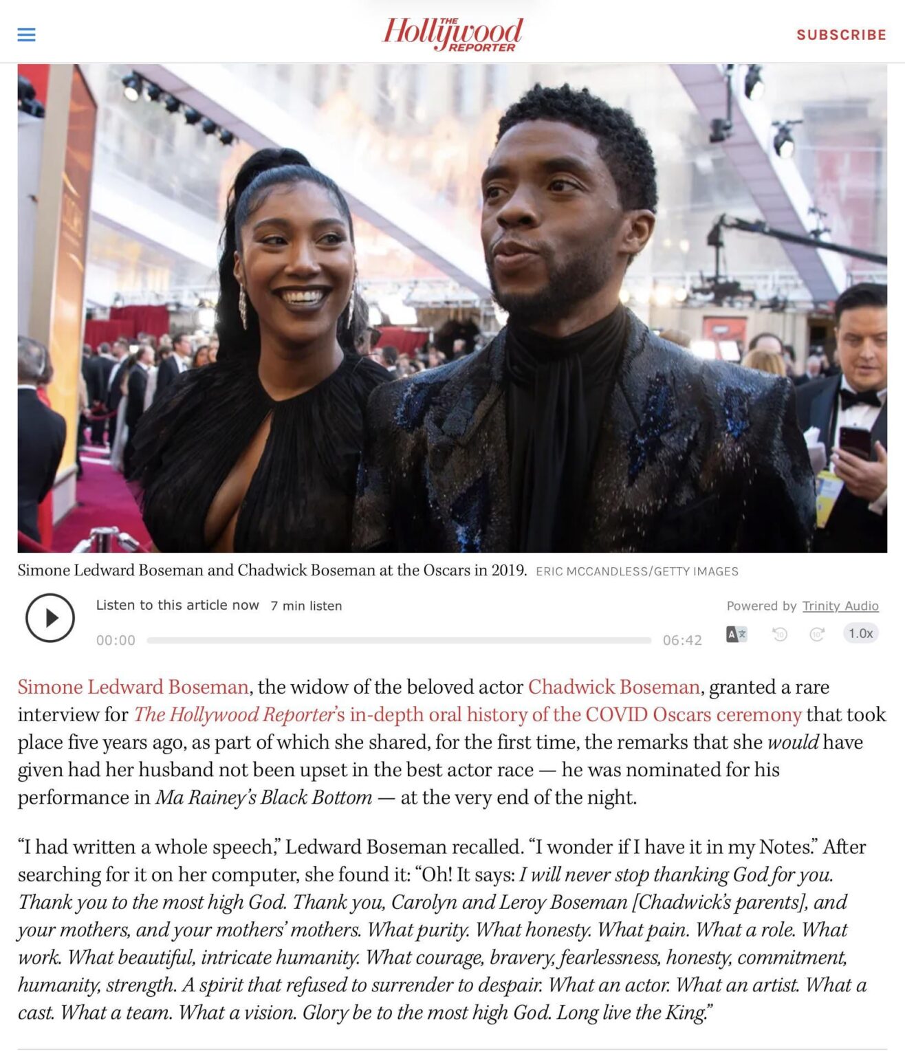 Chadwick Boseman’s Widow Shares Acceptance Speech She Would Have Given Had He Won Oscar