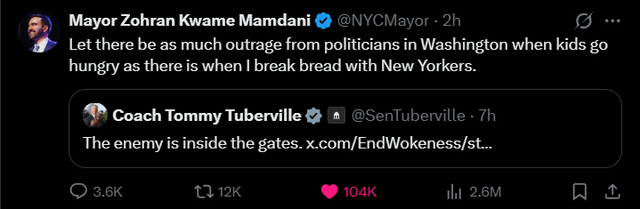 Mamdani rebukes Alabama Senator’s racist tweet calling him “the enemy inside the gates” for breaking his ramadan fast: “Let there be as much outrage from politicians in Washington when kids go hungry as there is when I break bread with New Yorkers.”