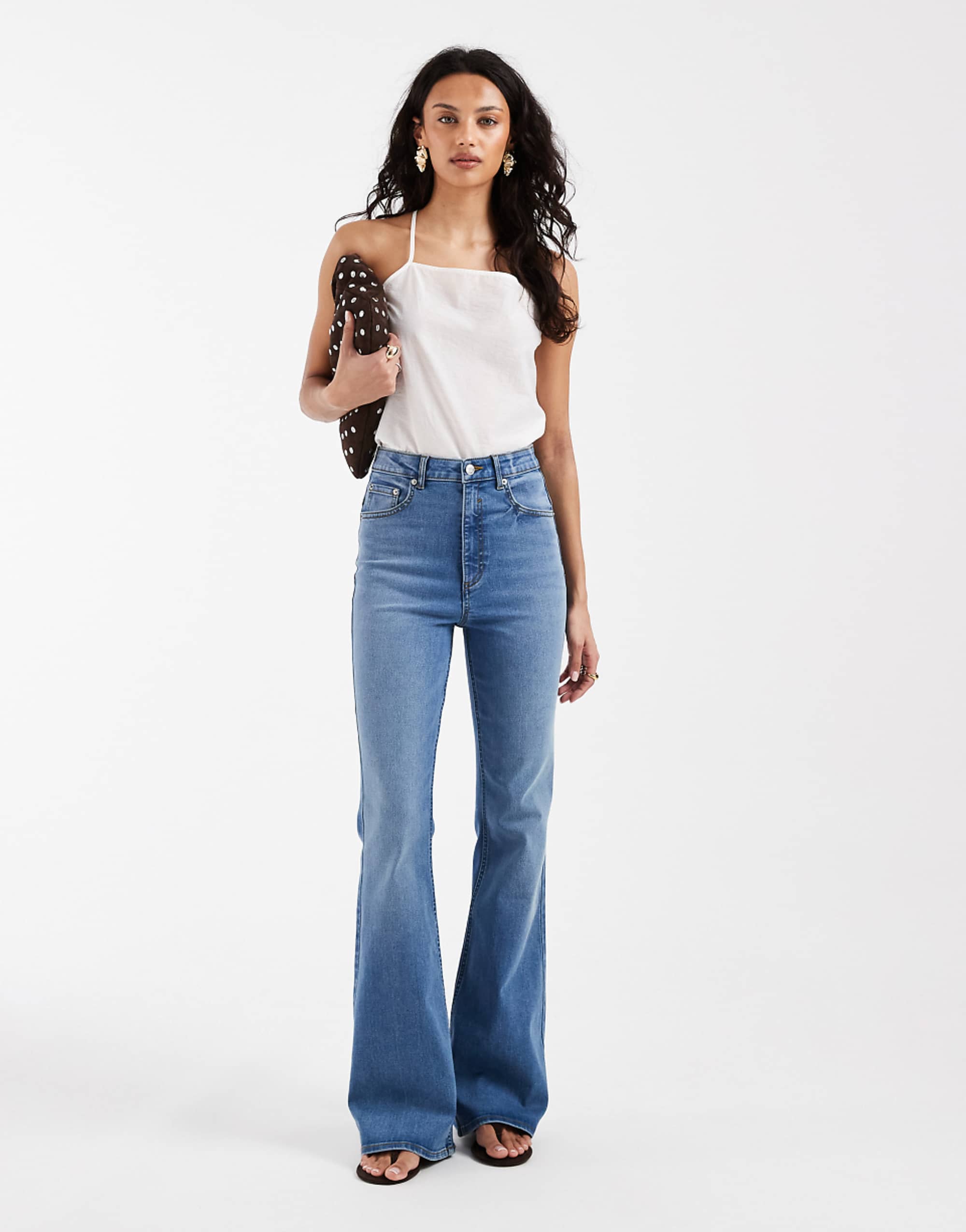 Asos Design Power Stretch Sculpt Flare Jeans in Light Midwash