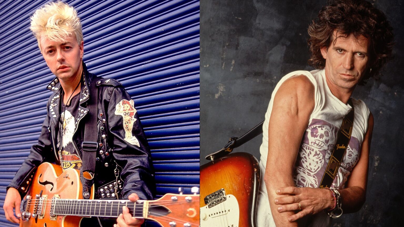 LEFT: Portrait of American Rockabilly and Rock musician Brian Setzer, of the group Stray Cats, as he poses with his guitar, backstage at the Marcus Amphitheater, Milwaukee, Wisconsin, July 1, 1988. RIGHT: Keith Richards, guitarist for the Rolling Stones, poses with his Fender Stratocaster