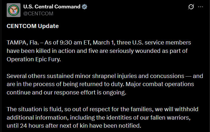 "Three U.S. service members have been killed in action and five are seriously wounded as part of Operation Epic Fury," the U.S. Military said in a statement announced a few moments ago via Twitter