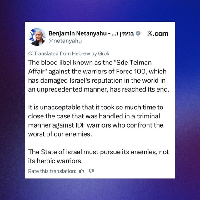 Benjamin Netanyahu says the IDF soldiers involved in the now-dropped Sde Teiman detention camp r*pe case are “heroic warriors.” The incident was partially caught on video which included soldiers using shields to prevent others from seeing what was happening.