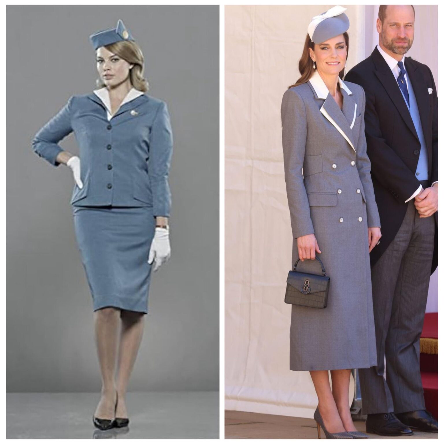 Who wore it best? Catherine greeting the Nigerian president yesterday vs Margot Robbie in Pan Am
