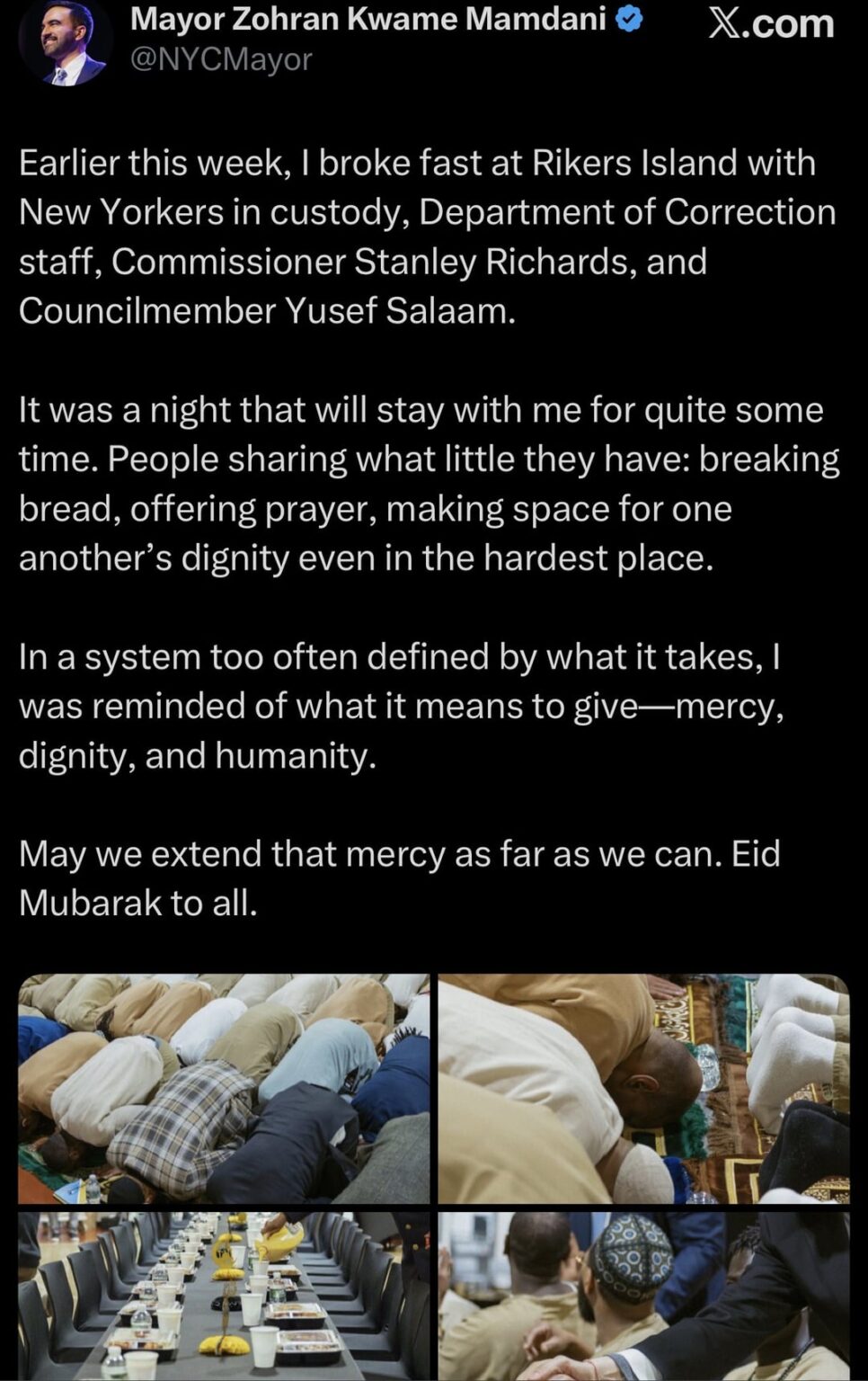 Mayor Mamdani talks about breaking fast with inmates