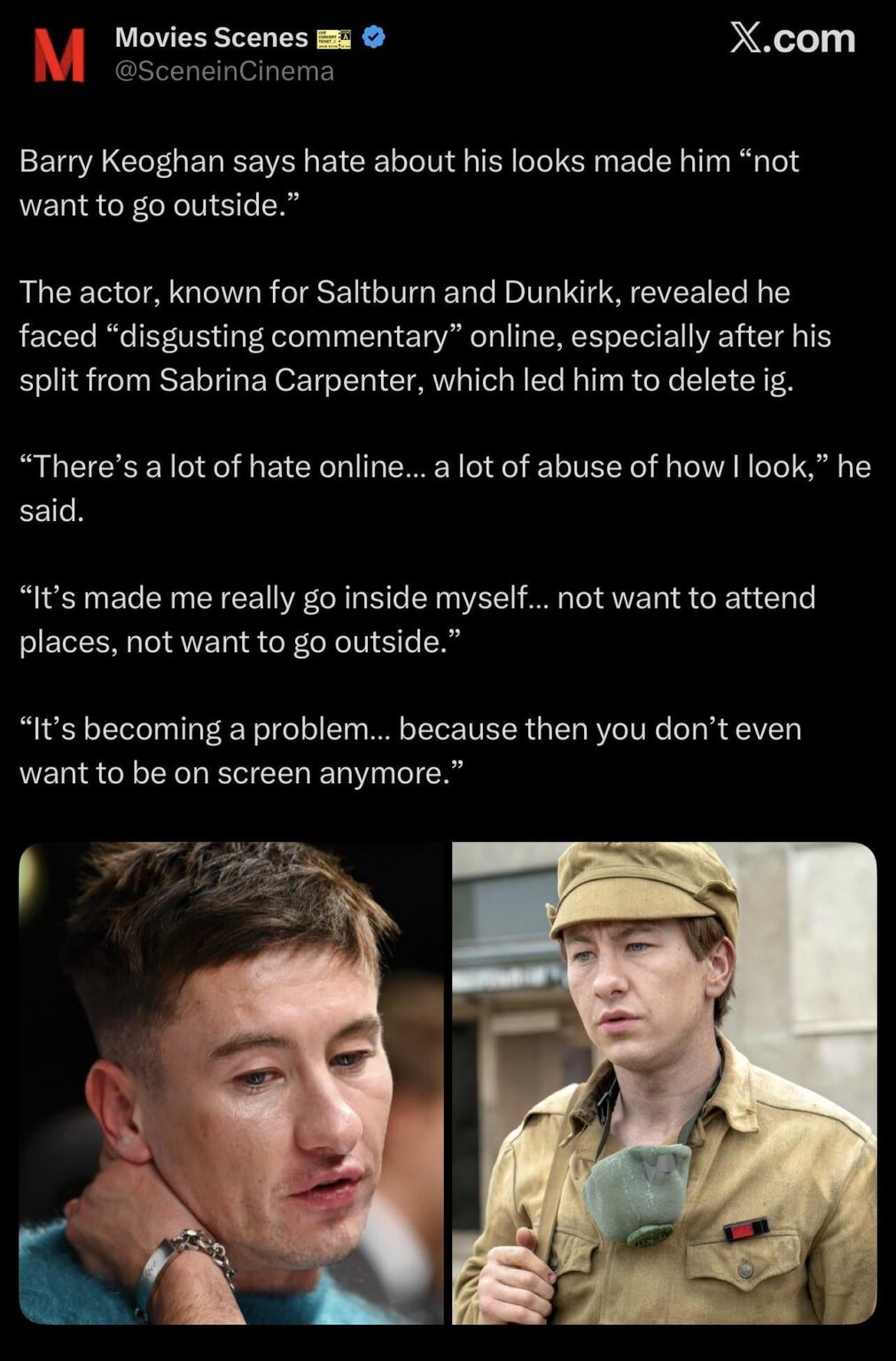 Barry Keoghan on the hate he receives for the way he looks: “It’s made me really go inside myself, not want to go outside. It’s becoming a problem because then you don’t even want to be on screen anymore."”