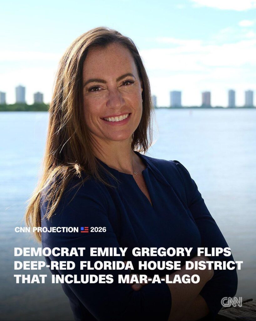 Democrat Emily Gregory has won the special state House election in a Palm Beach district that includes President Donald Trump's Florida home of Mar-a-Lago, defeating the Trump-endorsed Republican Jon Maples.