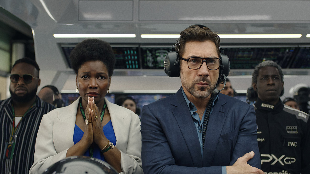 (L-R) Samson Kayo as Cash, Sarah Niles as Bernadette, Javier Bardem as Ruben Cervantes and Abdul Salis as Dodge in Apple Original Films’ F1