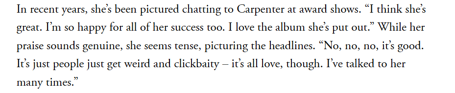 Olivia Rodrigo says she has spoken to Sabrina Carpenter a few times and enjoyed her album via British Vogue